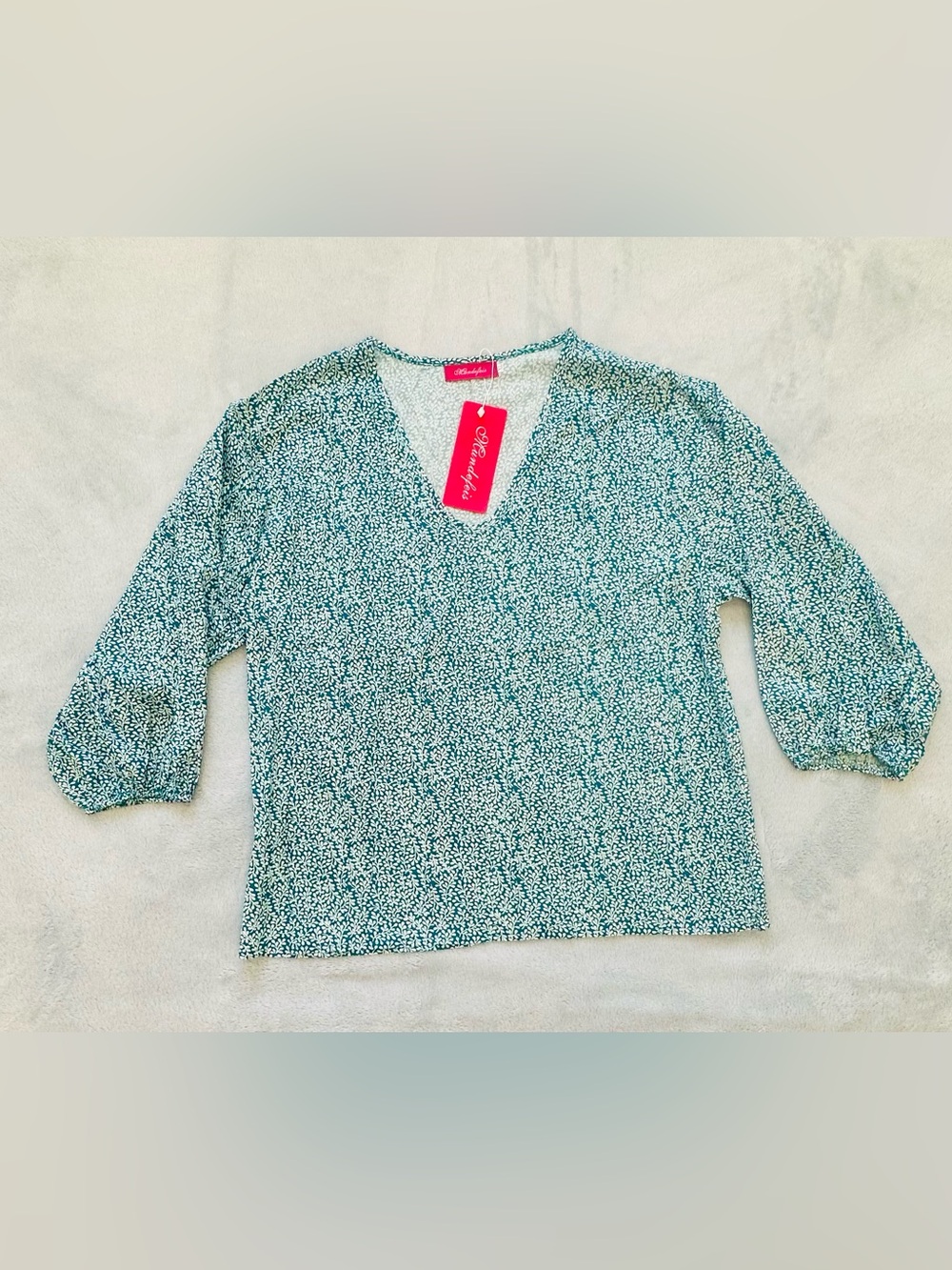 Teal Floral V-Neck Puff Sleeve Blouse